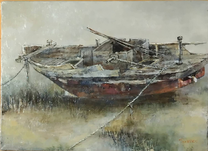 F4 油絵「鳥舞う海岸」絵画 絵画 - 絵画